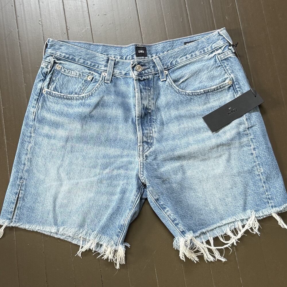 Edwin Light Blue Distressed Denim Jean Shorts